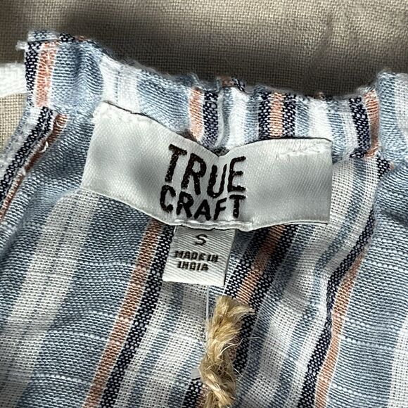 New Striped Romper Sz S Blue White Raw Edge Halter Pockets Beachy True Craft NWT - Picture 10 of 16